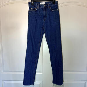 ZARA Premium Denim Collection Jeans Womens 4 Blue Raw Hem Dark Wash Straight Leg
